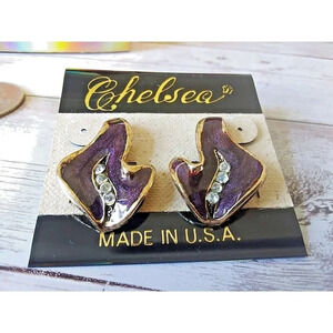 Authentic Vintage 1980s Gold Plated Enamel Purple Rhinestone Earrings